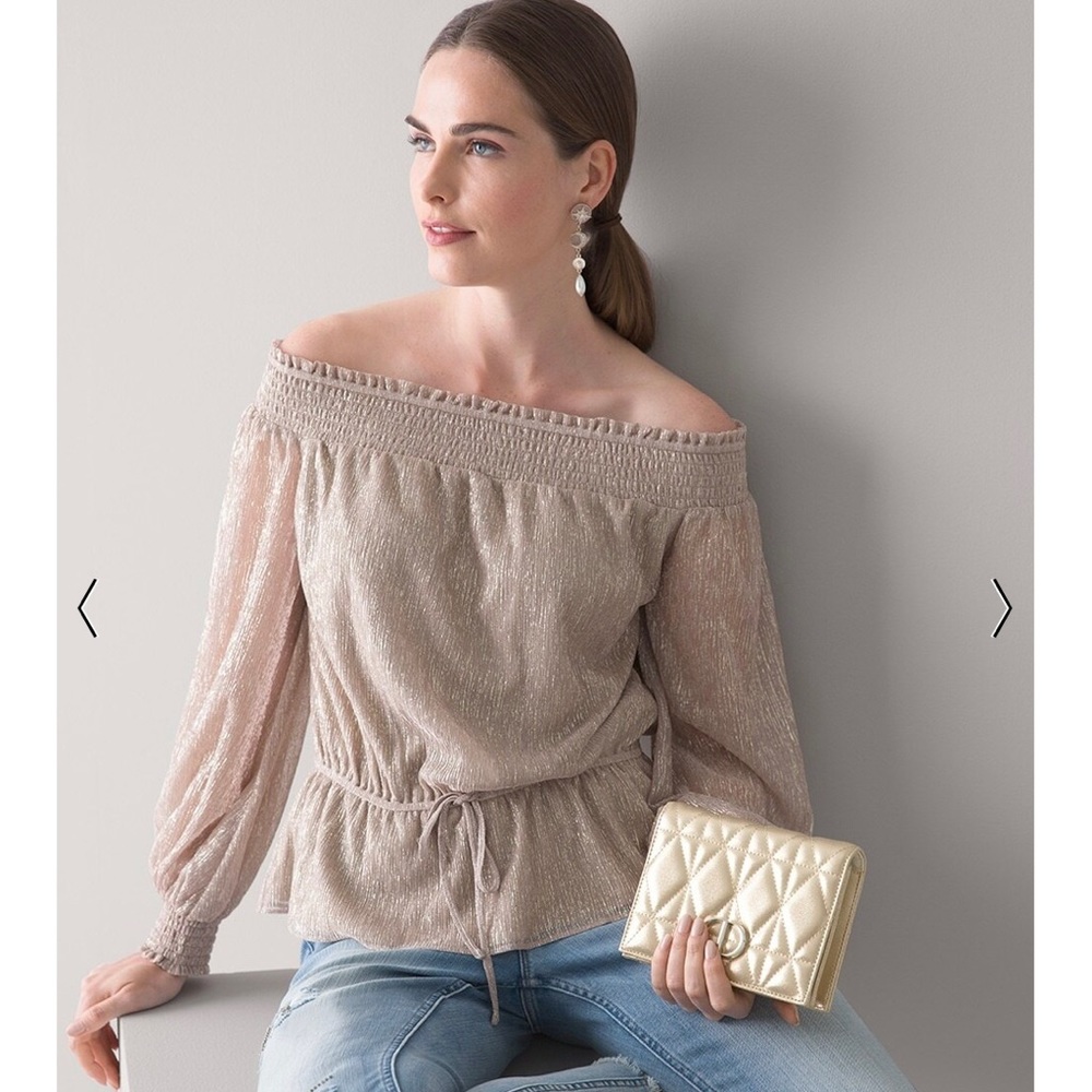 NWT White House Black Market Off-The-Shoulder Gold Shimmer Smocked Top Blouse